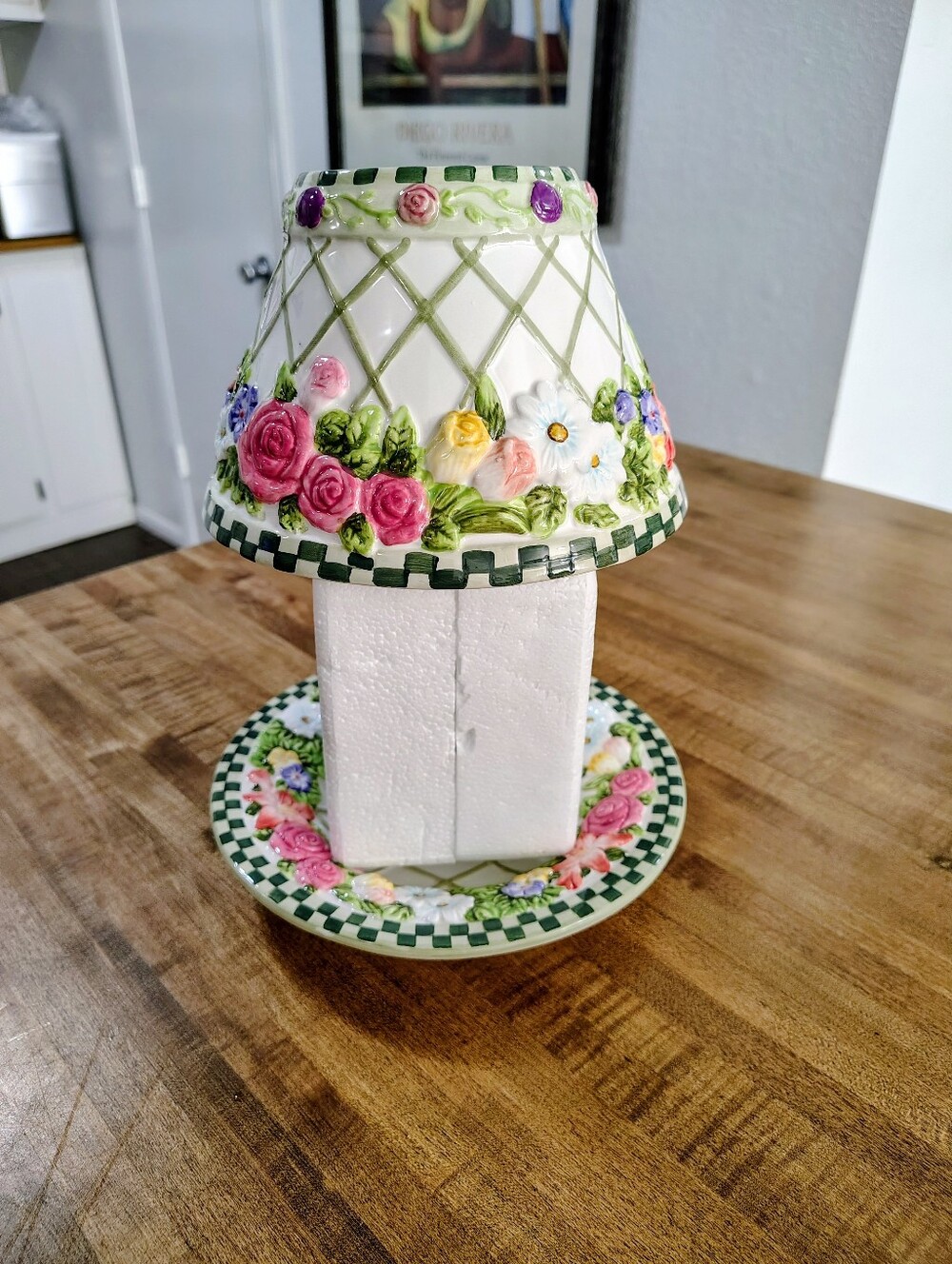 Vintage Salt City Jar Candle Holder Shade & Plate 3D Floral With Check Pattern